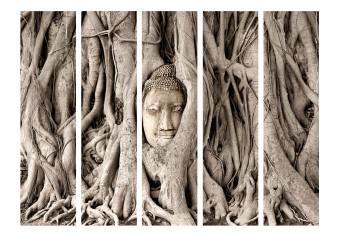 Biombo decorativo Árbol de Buda II (5 partes) - figura sagrada entre raíces bronceadas