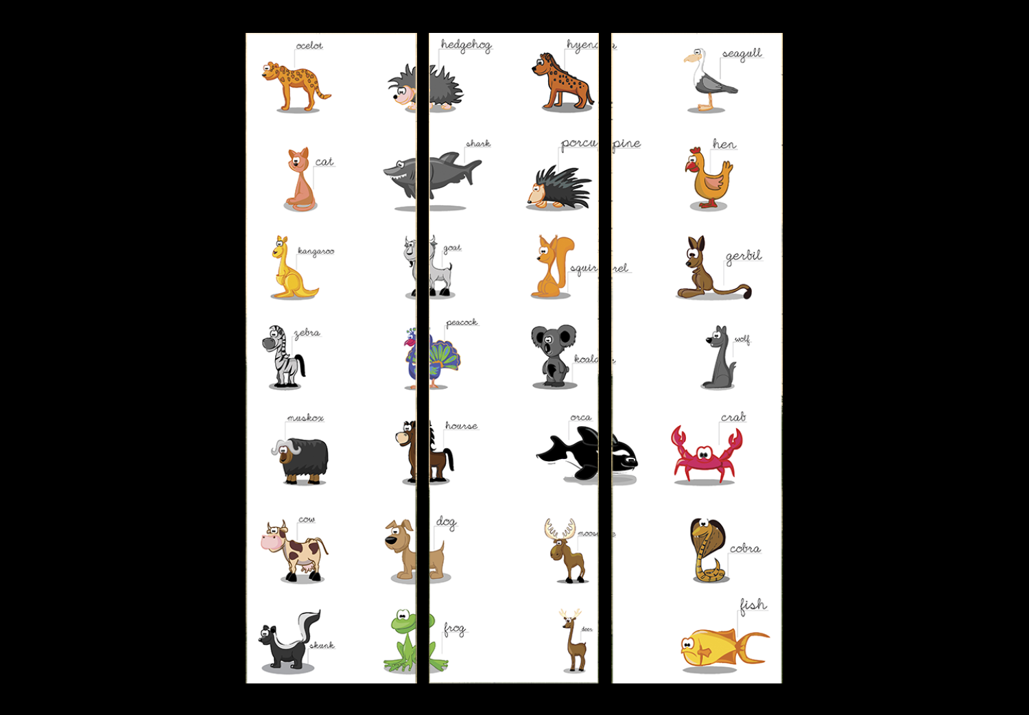 Biombo barato Aprender jugando (animales) (3 partes) - escrito en inglés