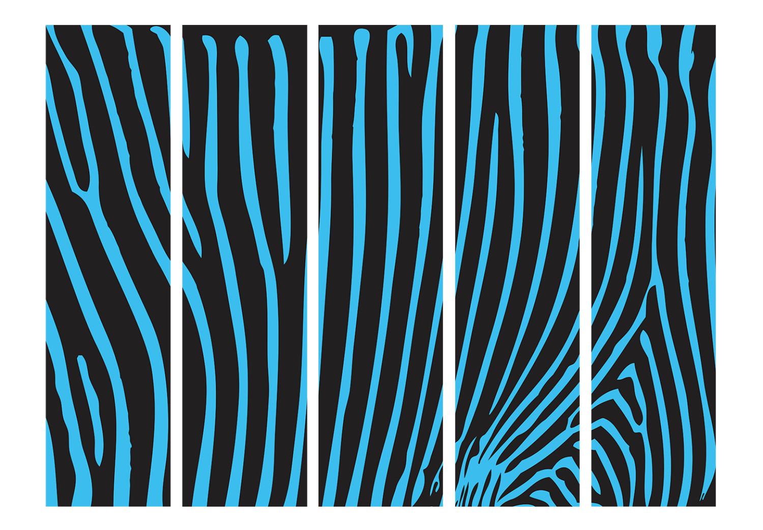 Biombo original Patrón de cebra (turquesa) II (5 partes) - rayas azules sobre negro