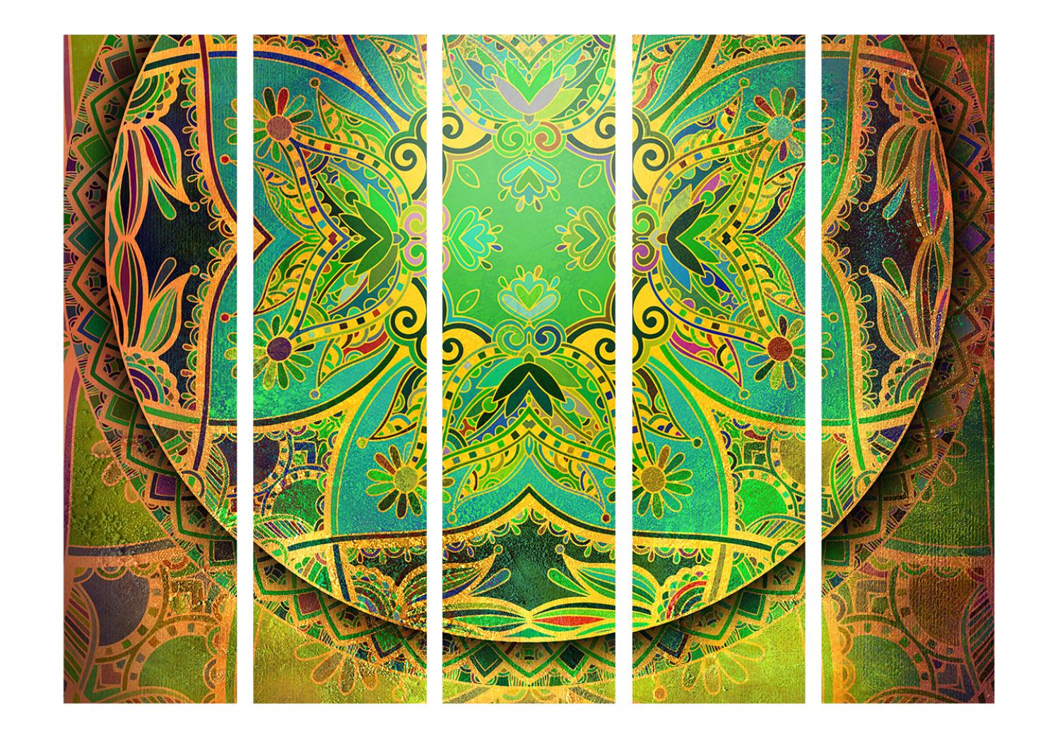 Biombo decorativo Mandala: Emerald Fantasy II (5 partes) - colorido origen étnico