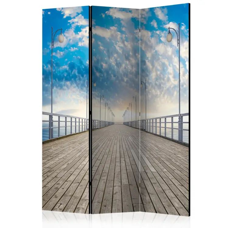 Muelle - Agua bajo el largo puente de madera con cielo y nubes