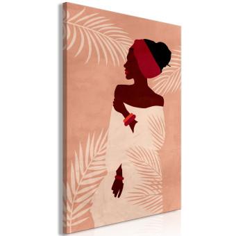 Cuadro moderno Relajándose entre palmeras (1 pieza) vertical - mujer sobre fondo rosa