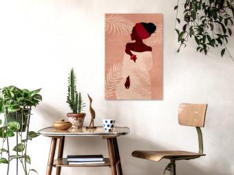 Cuadro moderno Relajándose entre palmeras (1 pieza) vertical - mujer sobre fondo rosa