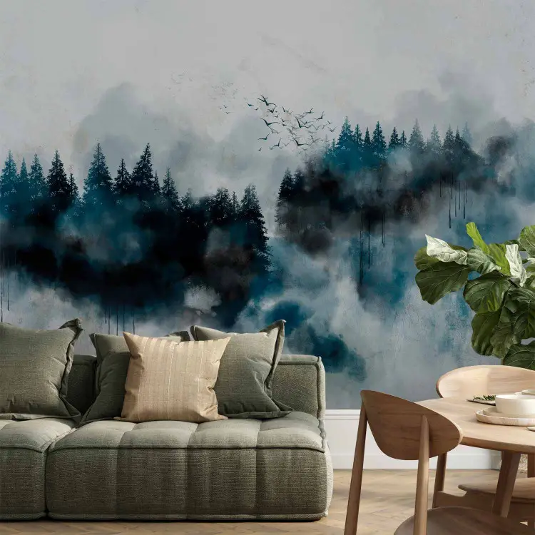 Montañas pintadas - bosque en tonos pastel con aves sobre fondo gris