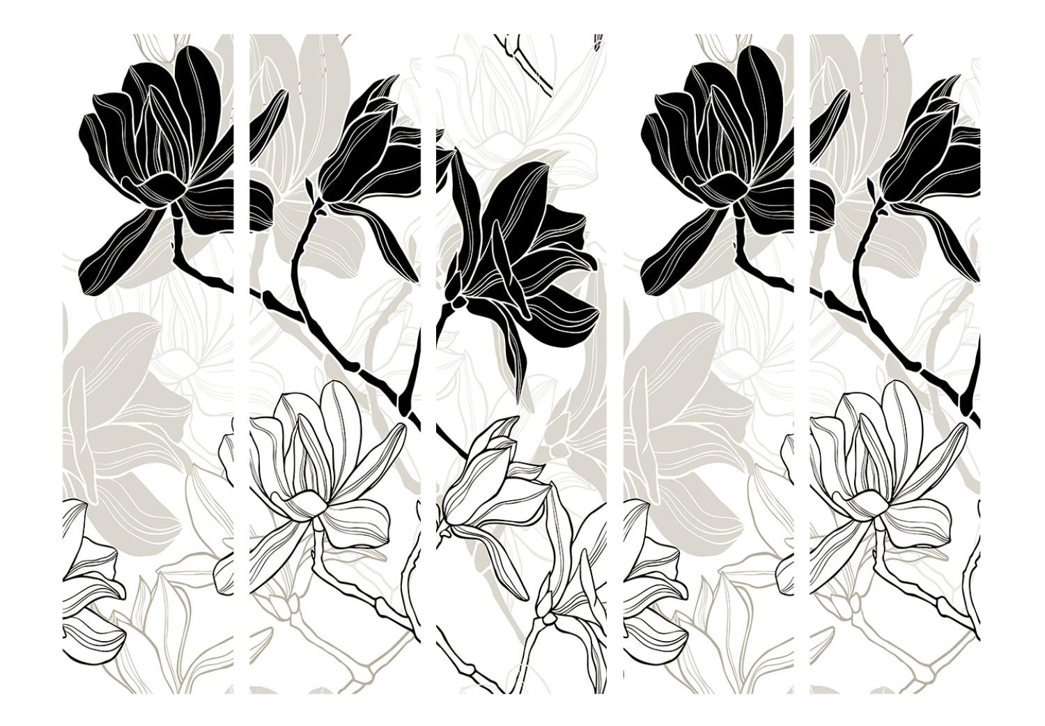 Biombo barato Flores en Blanco y Negro II (5 partes) - motivo floral blanco y negro