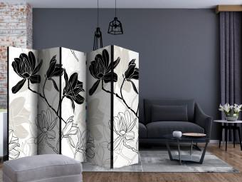 Biombo barato Flores en Blanco y Negro II (5 partes) - motivo floral blanco y negro