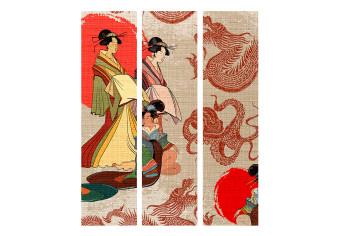 Biombo original Geishe (3 partes) - mujeres en kimono sobre fondo oriental