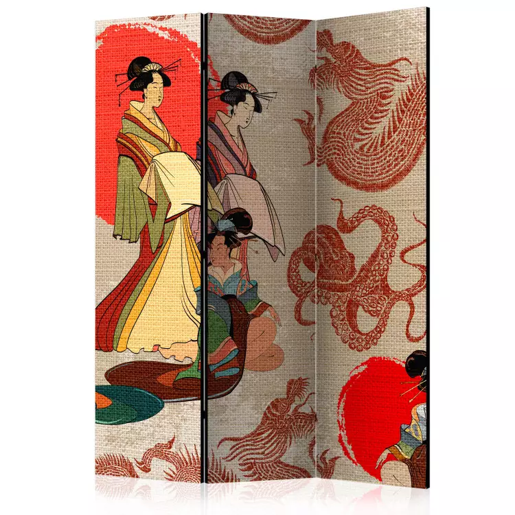 Geishe (3 partes) - mujeres en kimono sobre fondo oriental