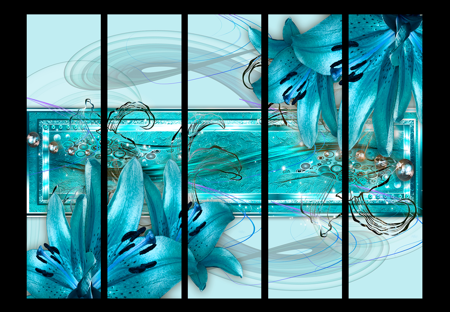 Biombo original Idilio turquesa II (5 partes) - abstracción azul en plantas