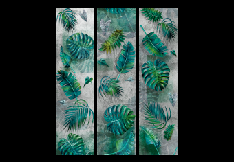 Biombo decorativo Jungla modernista (3 partes) - hojas verdes sobre fondo gris