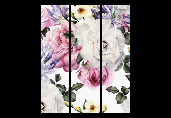 Biombo barato Jardín sensorial II (3 partes) - flores coloridas sobre fondo blanco