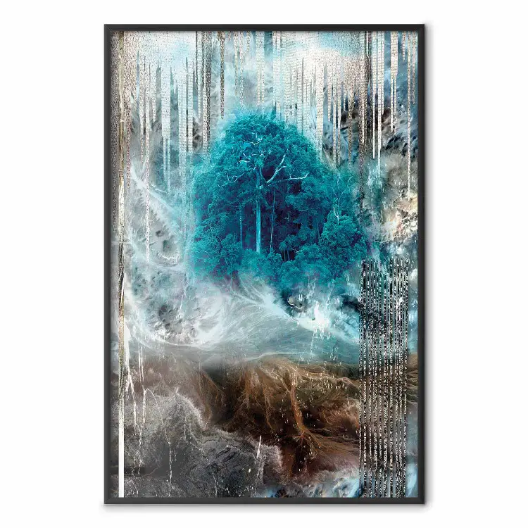 Refugio - paisaje abstracto de bosque con árbol turquesa en el centro