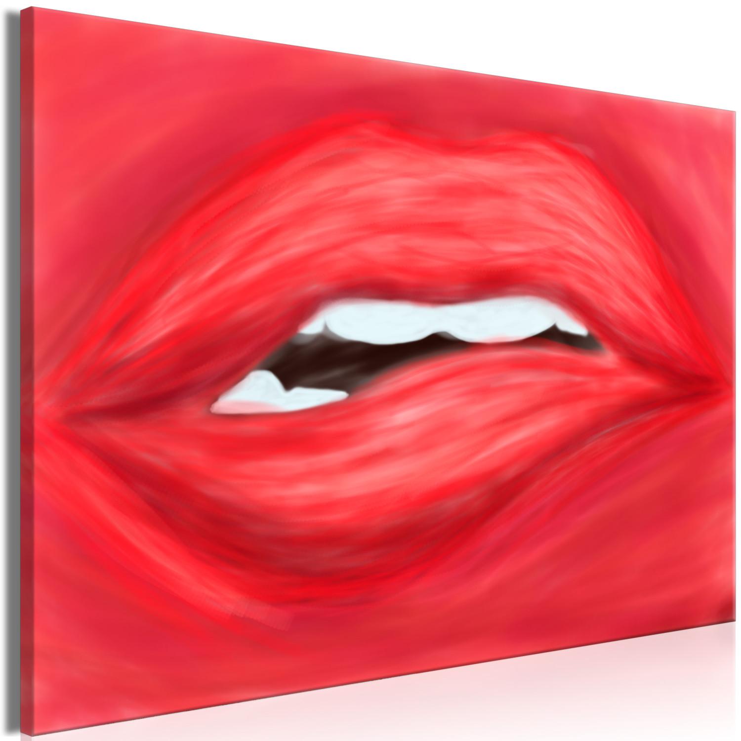 Cuadro Labios femeninos - labios separados sobre un fondo rojo brillante