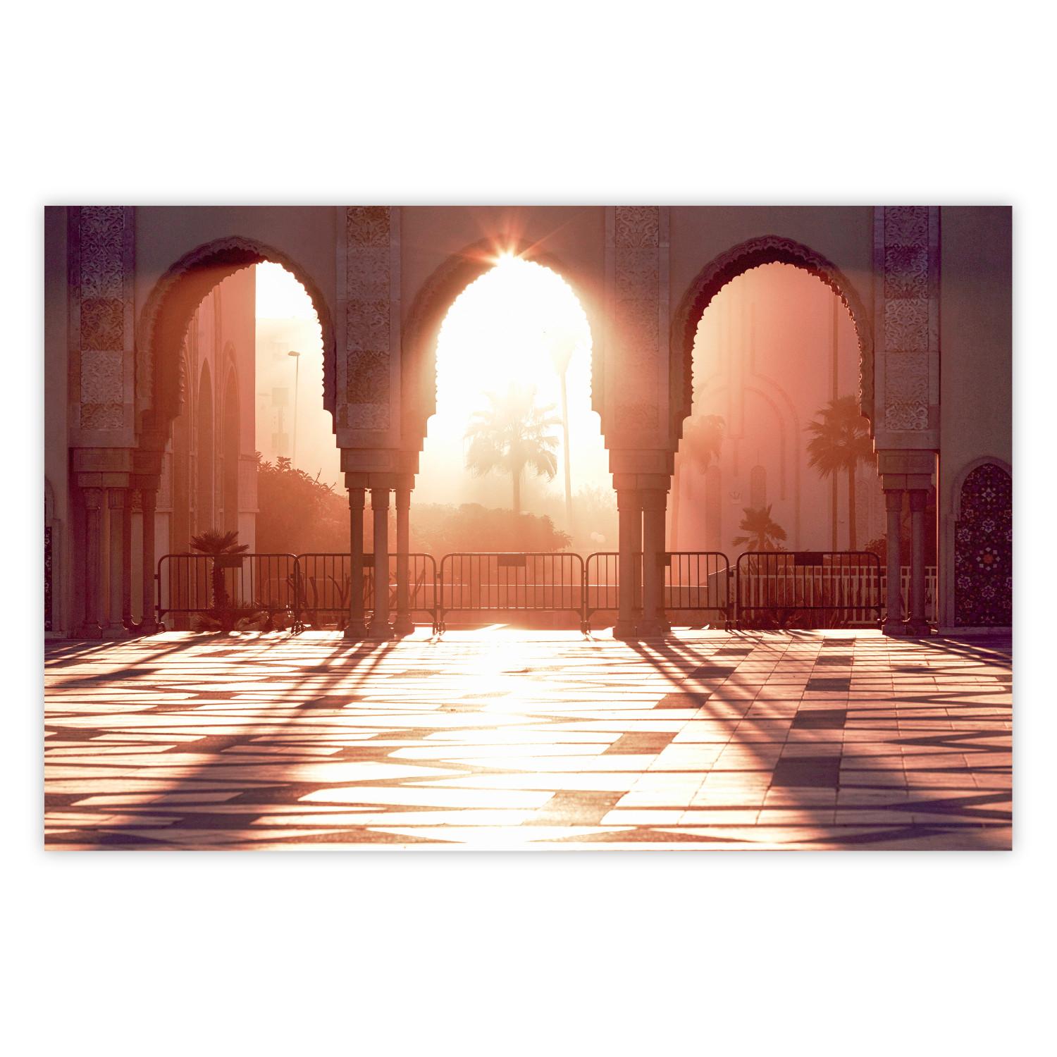 Póster Sol de mañana - arquitectura a contraluz del sol poniente en Marruecos