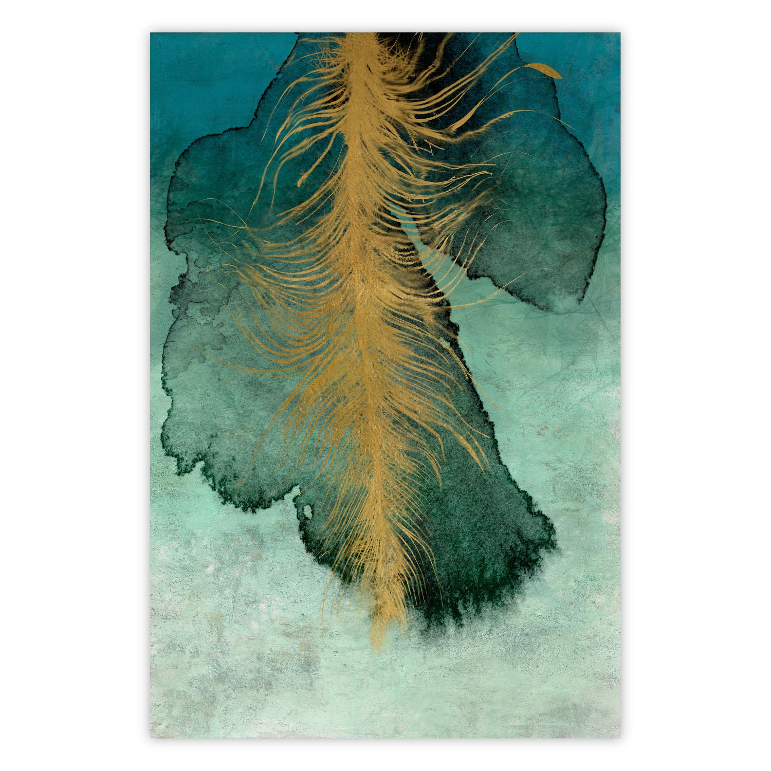 Cartel Composición celestial - pluma dorada sobre fondo abstracto azul