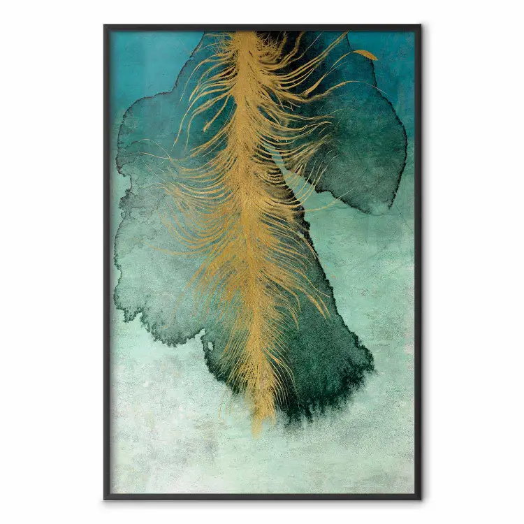 Composición celestial - pluma dorada sobre fondo abstracto azul