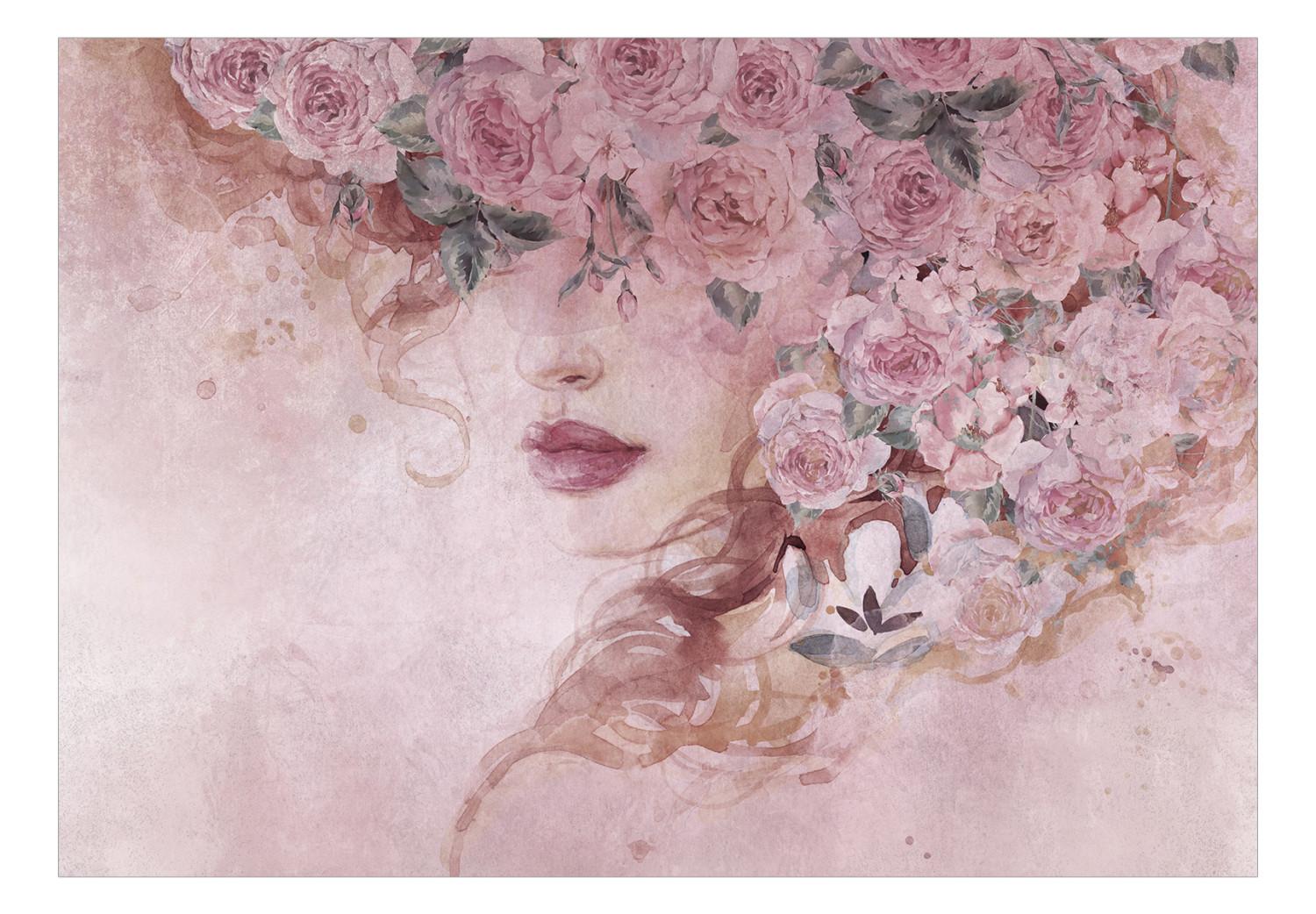 Fotomural Mujer entre flores - Retrato de mujer rodeada de flores rosas
