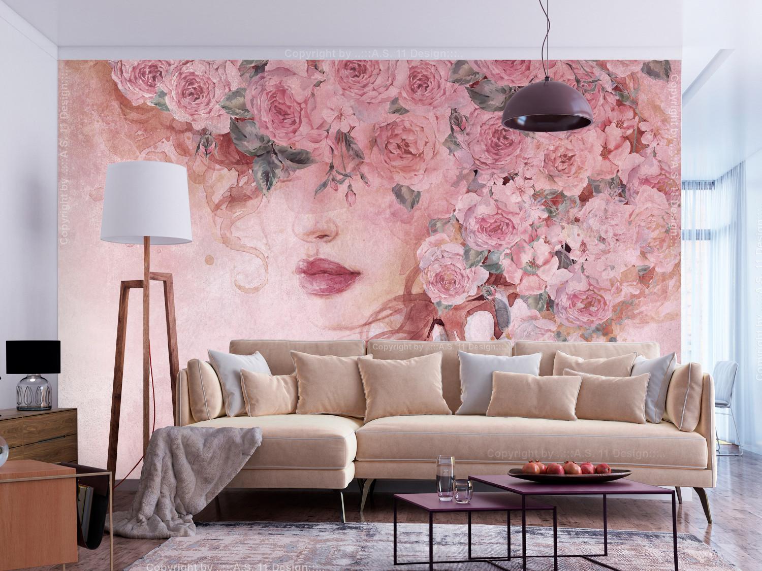 Fotomural Mujer entre flores - Retrato de mujer rodeada de flores rosas