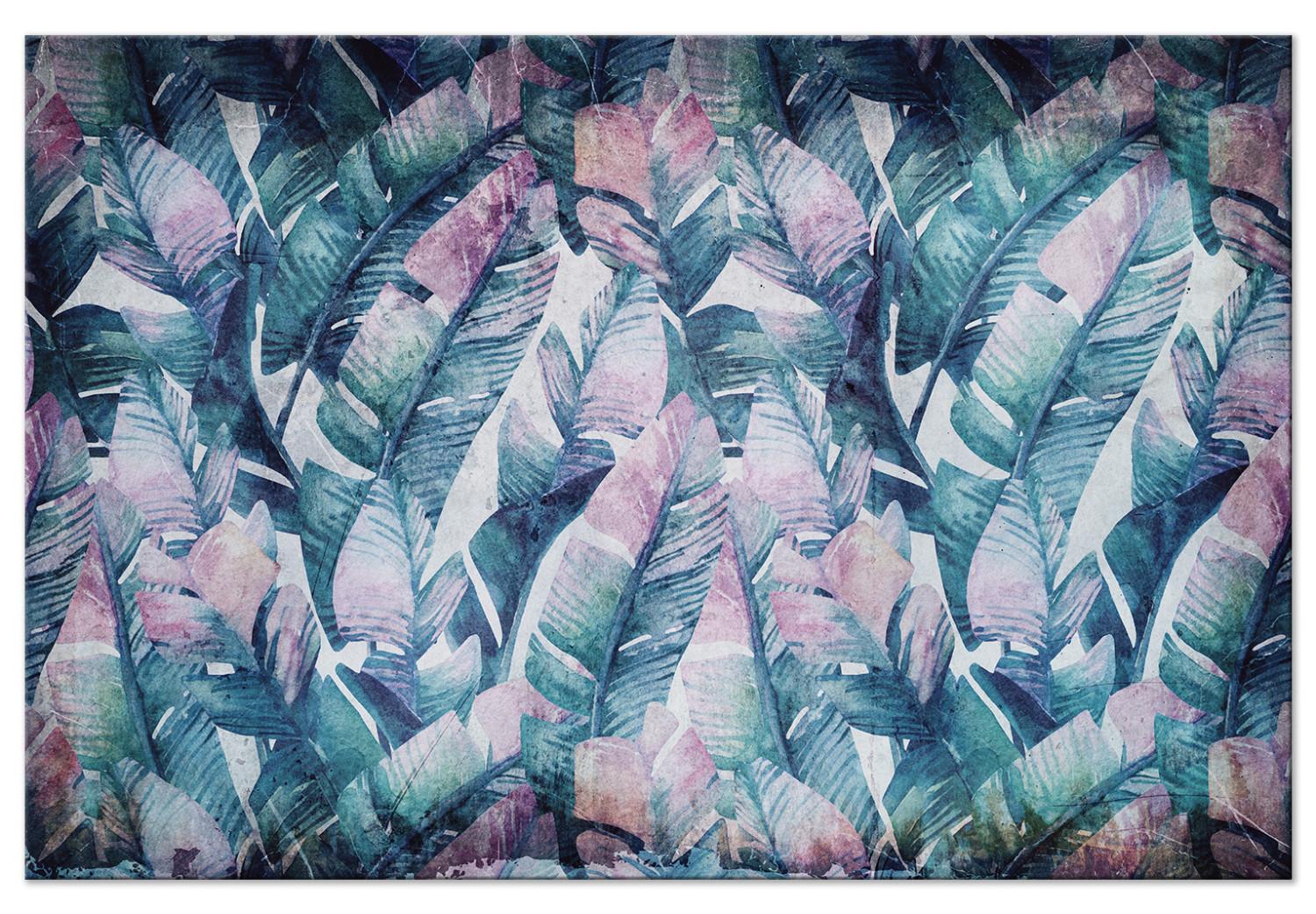 Cuadro moderno Hojas exóticas - abstracción con hojas de palmera azules y rosas