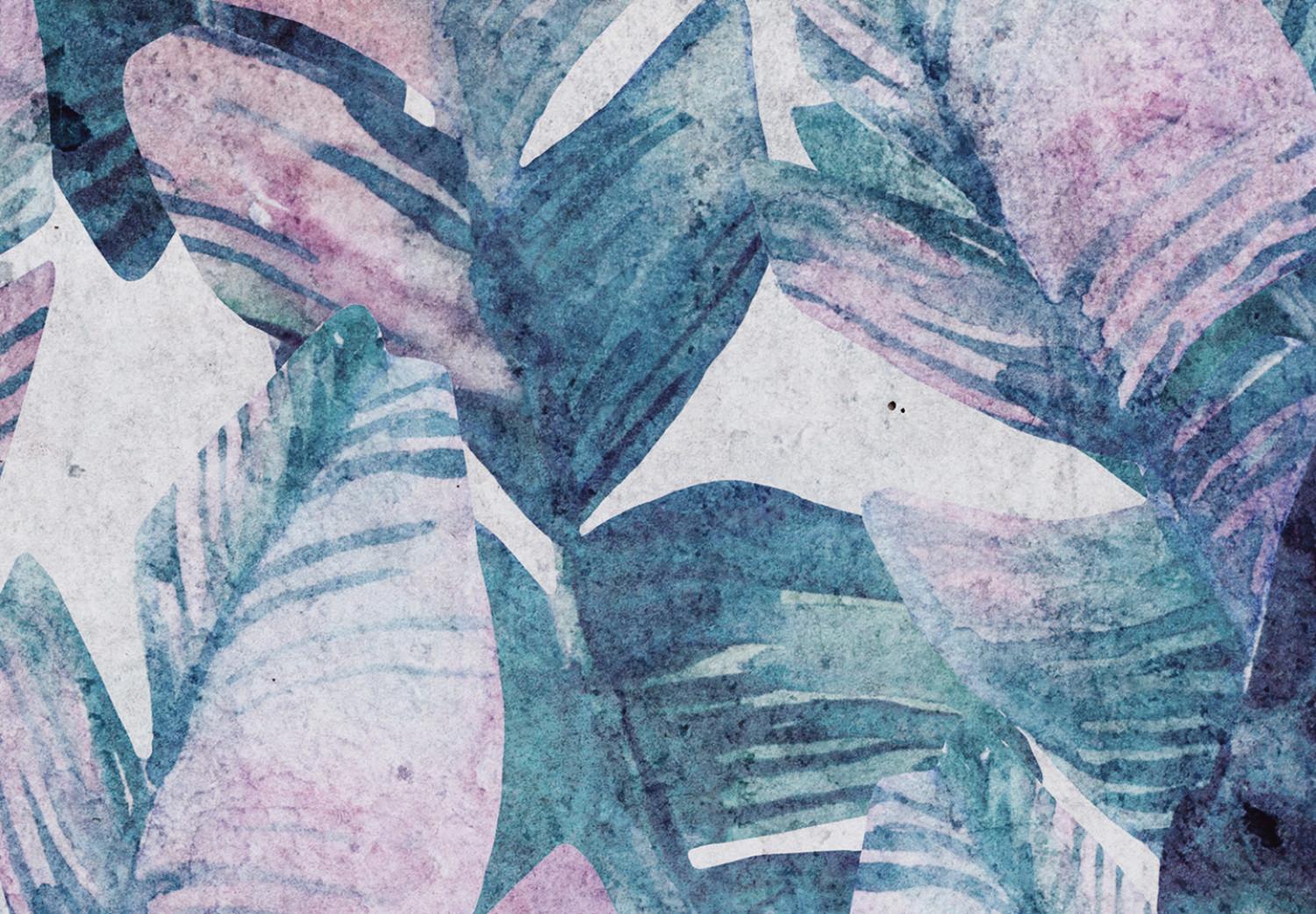 Cuadro moderno Hojas exóticas - abstracción con hojas de palmera azules y rosas
