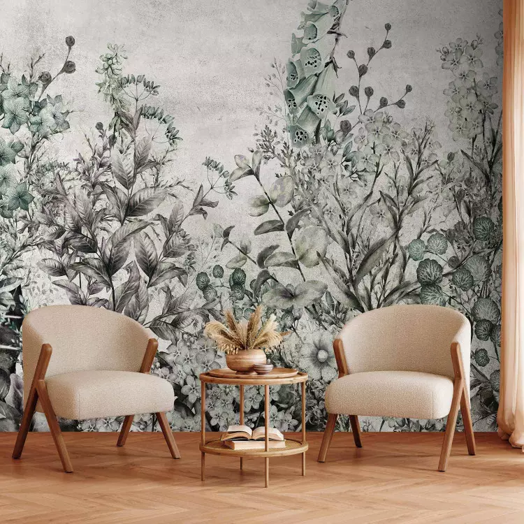 Fotomural a medida Prado florido - Motivo de la naturaleza en estilo retro en tono fresco