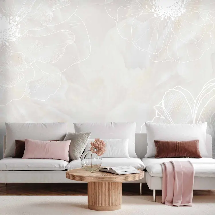Pétalos de flores minimalistas - flores delicadas sobre fondo gris