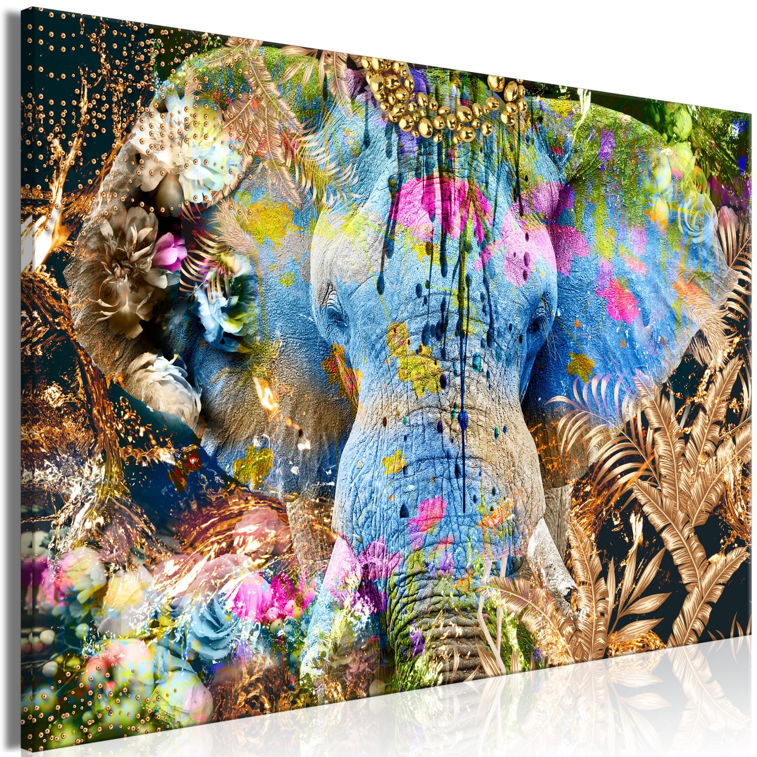 Cuadro moderno Sultán (1 pieza) ancho - elefante abstracto y colorido con flores