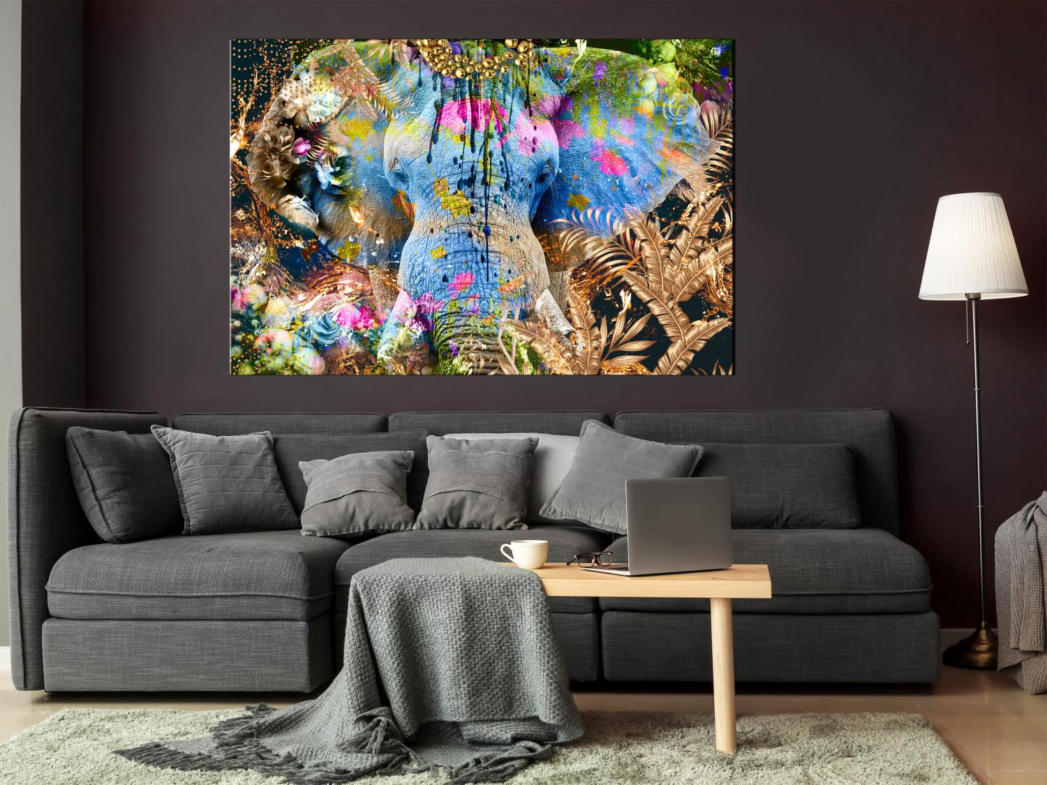 Cuadro moderno Sultán (1 pieza) ancho - elefante abstracto y colorido con flores