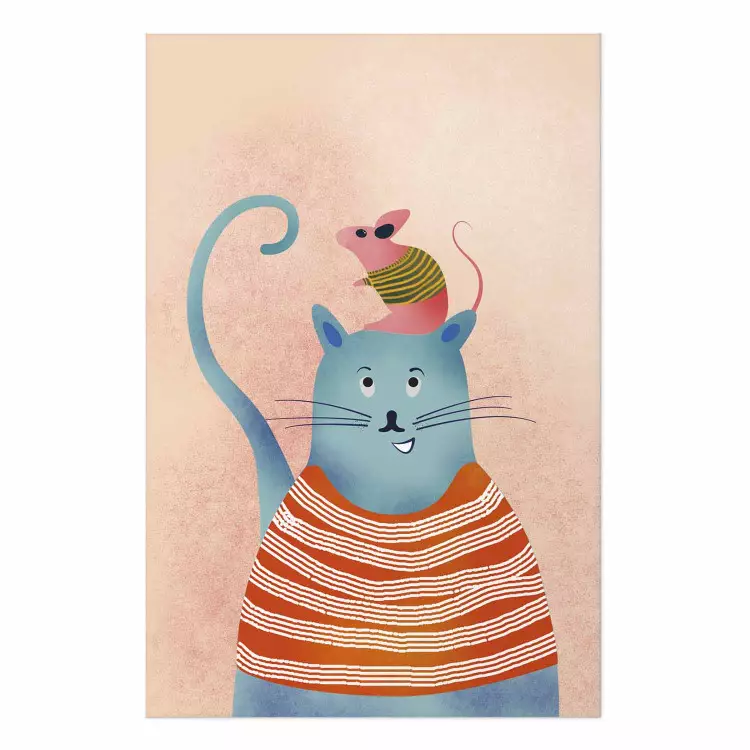 Poster Buenos amigos - divertido gato azul y ratón rosa sobre fondo claro
