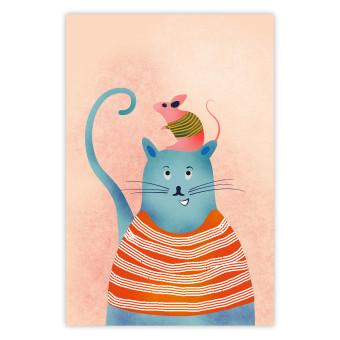 Poster Buenos amigos - divertido gato azul y ratón rosa sobre fondo claro