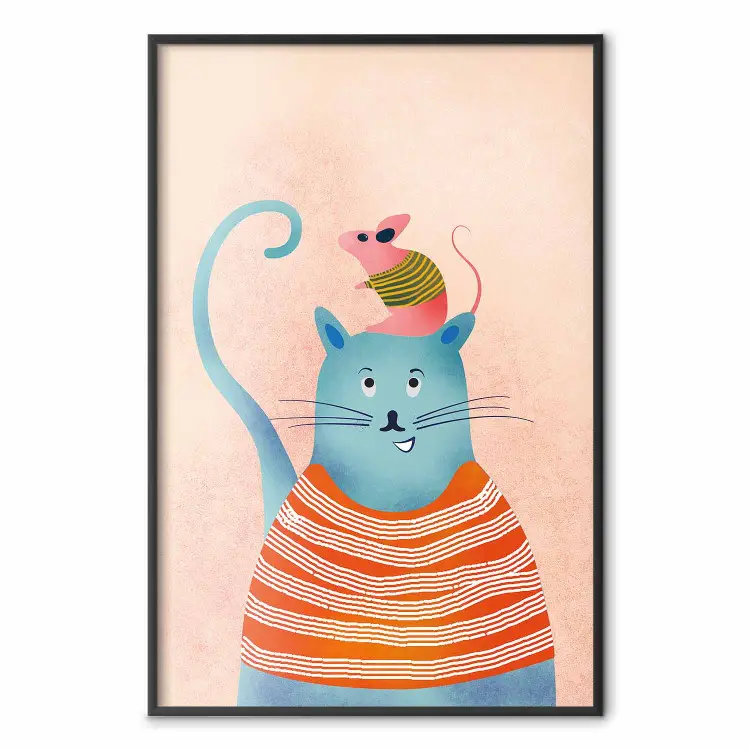 Buenos amigos - divertido gato azul y ratón rosa sobre fondo claro