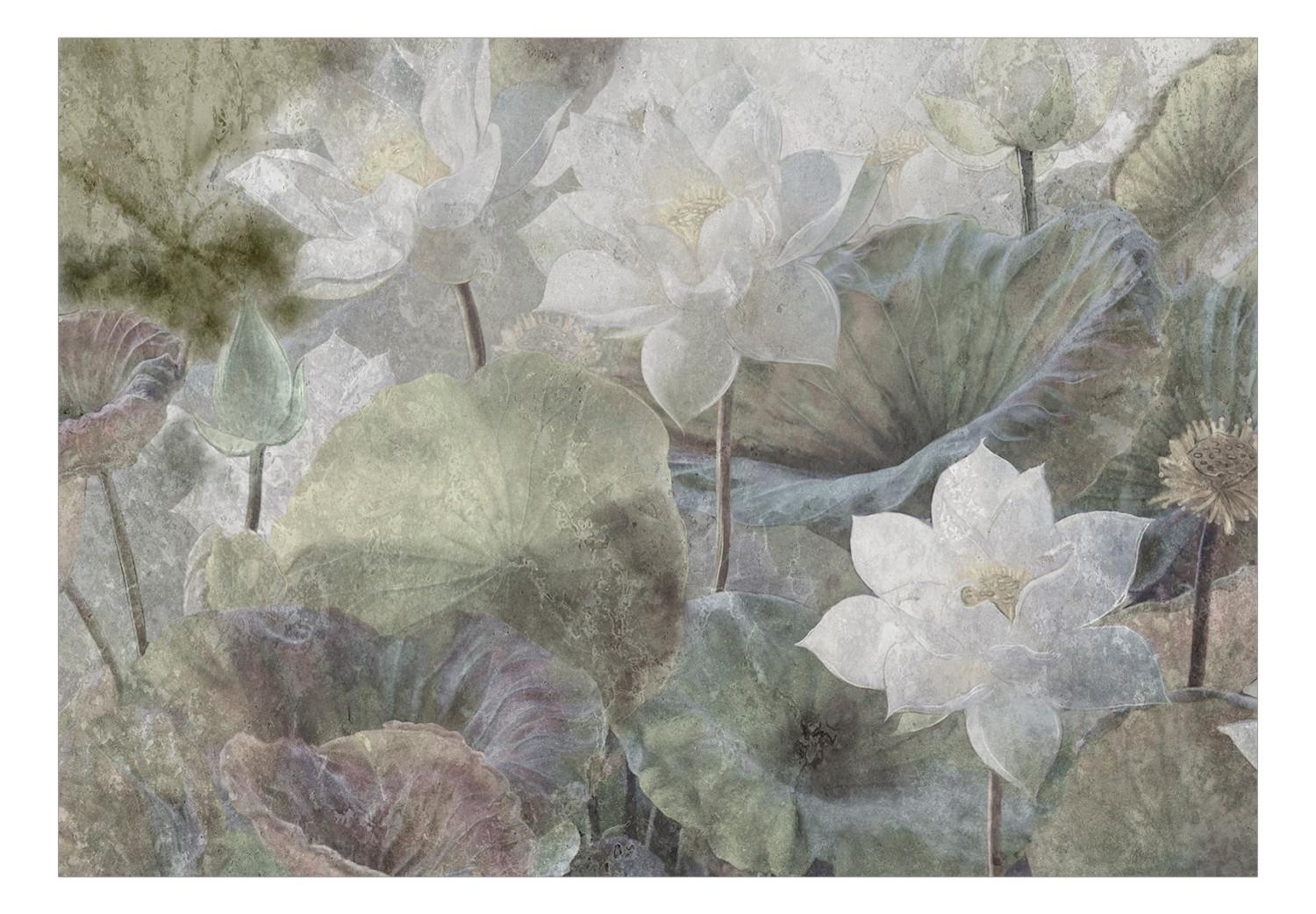 Fotomural Flores de loto acuáticas - paisaje con motivo retro