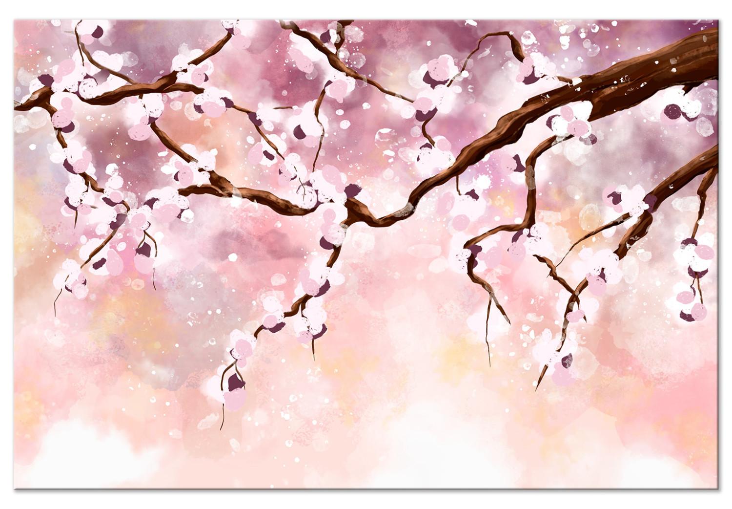 Cuadro moderno Rama de cerezo en flor - ilustración con un árbol sobre fondo rosa