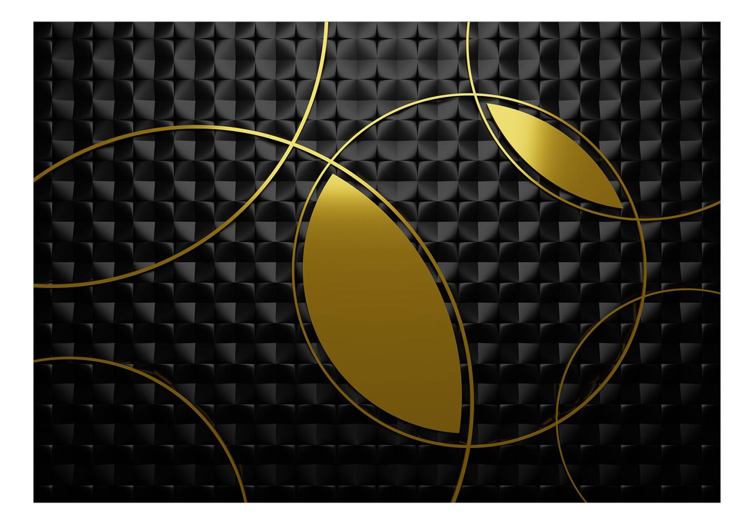 Fotomural decorativo Abstracción - anillos dorados en fondo negro con figuras 3D