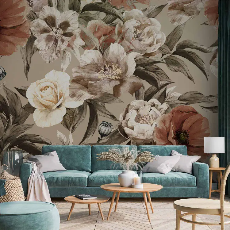Amapolas, rosas y peonías - motivo floral estilo vintage