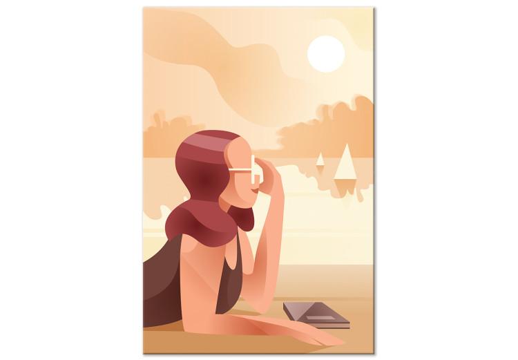 Mujer en lago - gráfico con playa, silueta de mujer y barcos de vela