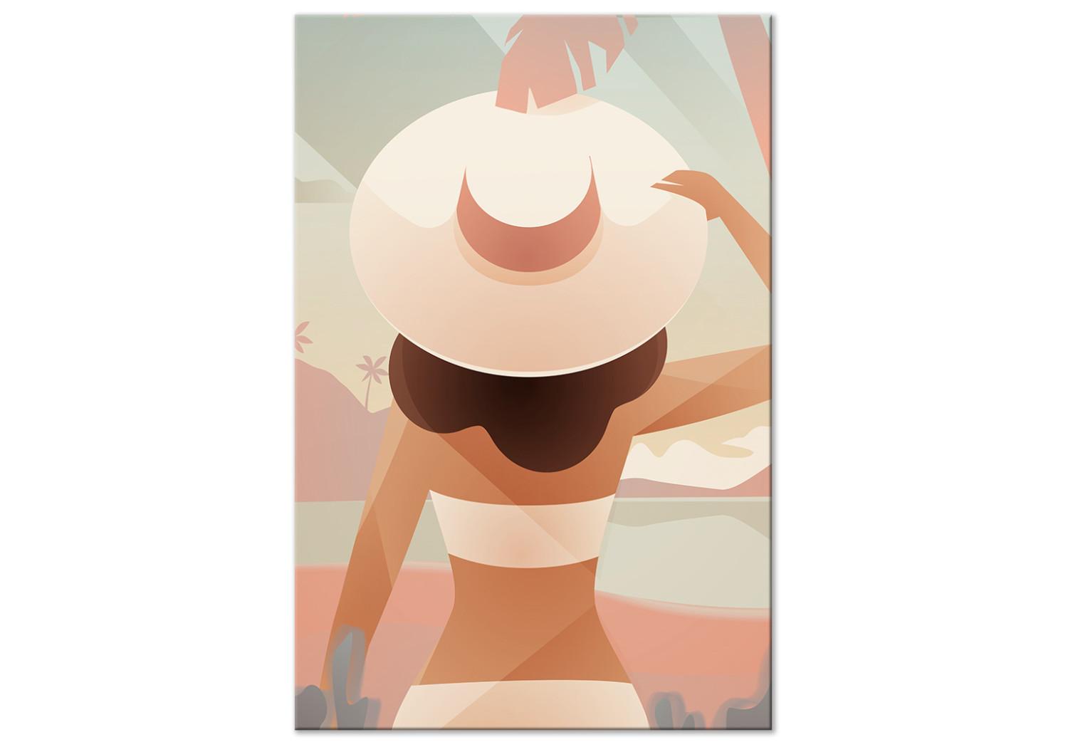 Cuadro decorativo Chica con sombrero en la playa - gráfico con mar, mujer y palmeras