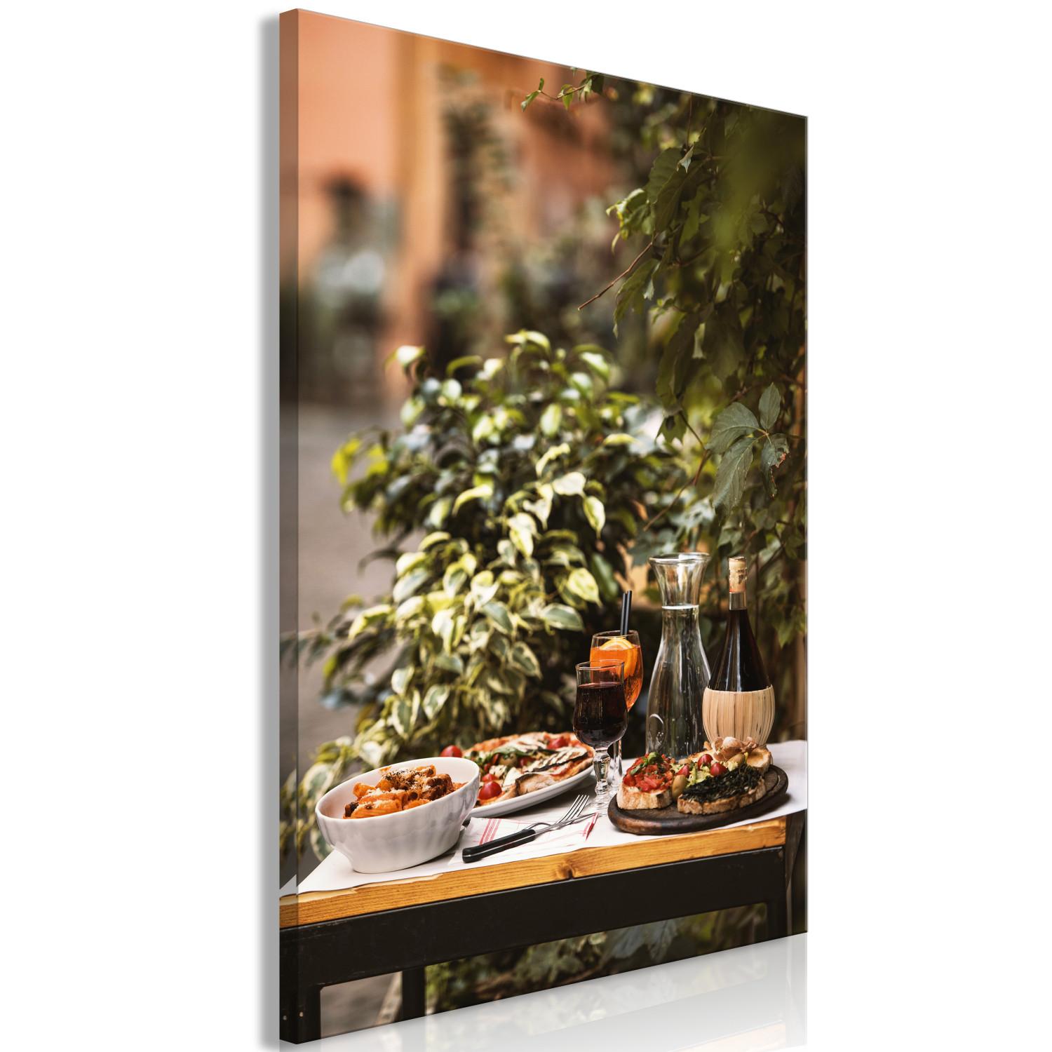 Cuadro moderno Comida italiana - foto con bodegón y plantas de fondo