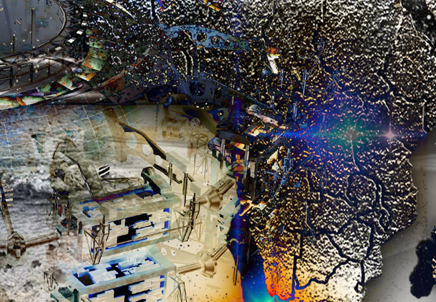 Cuadro decorativo Mapa del mundo futurista - abstracto con destellos azules