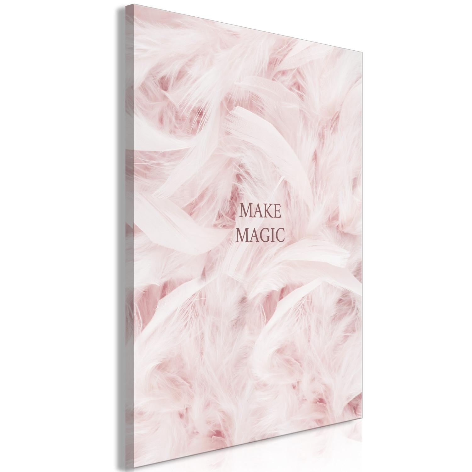 Cuadro moderno Inscripción marrón Make magic - abstracción con plumas rosas en fondo
