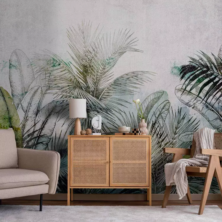 Fotomural Jungla - composición exótica con naturaleza tropical, hojas y palmas