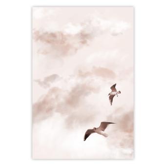 Poster Amantes del cielo - pájaros y nubes sobre un fondo de cielo rosa