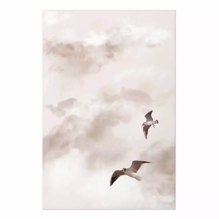 Poster Amantes del cielo - pájaros y nubes sobre un fondo de cielo rosa