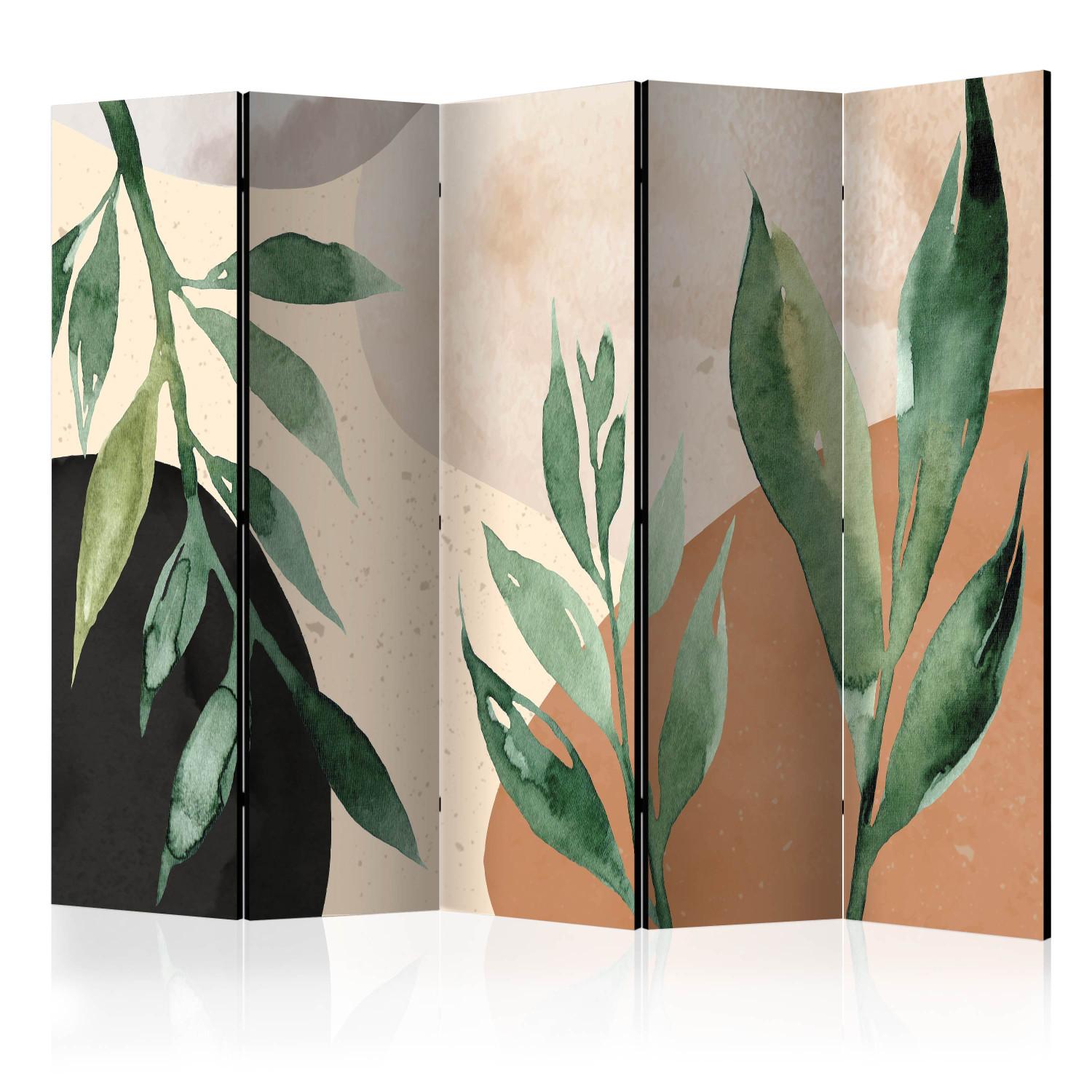 Biombo original Armonía natural II (5 piezas) - hojas verdes en tonos cálidos