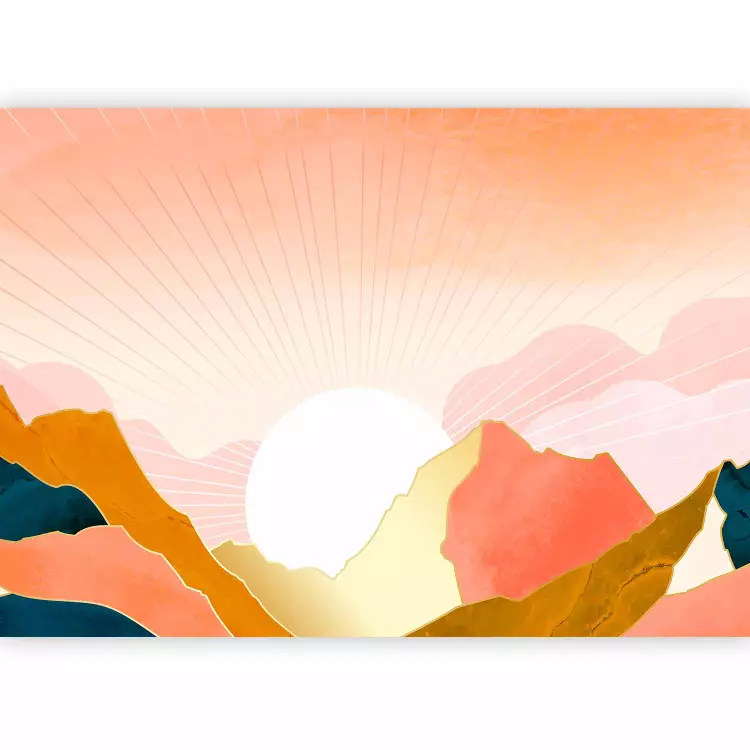 Paisaje soleado - sol naciente sobre montañas en tonos rosa