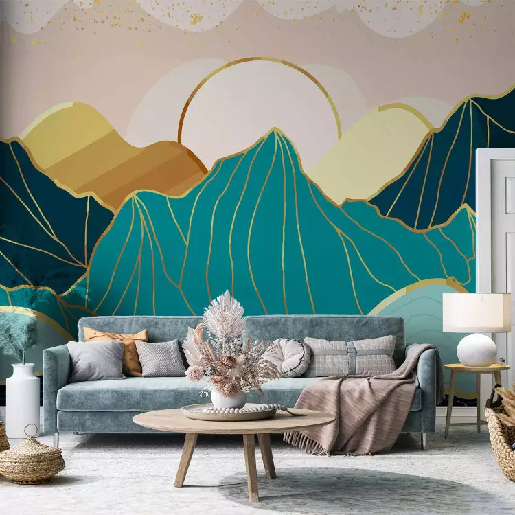 Fotomural decorativo Paisaje abstracto con oro - paisaje montañoso en tonos azules