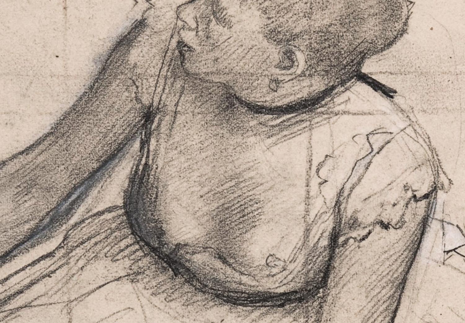Cartel Edgar Degas: Bailarina ajustando zapatilla - mujer y texto en negro
