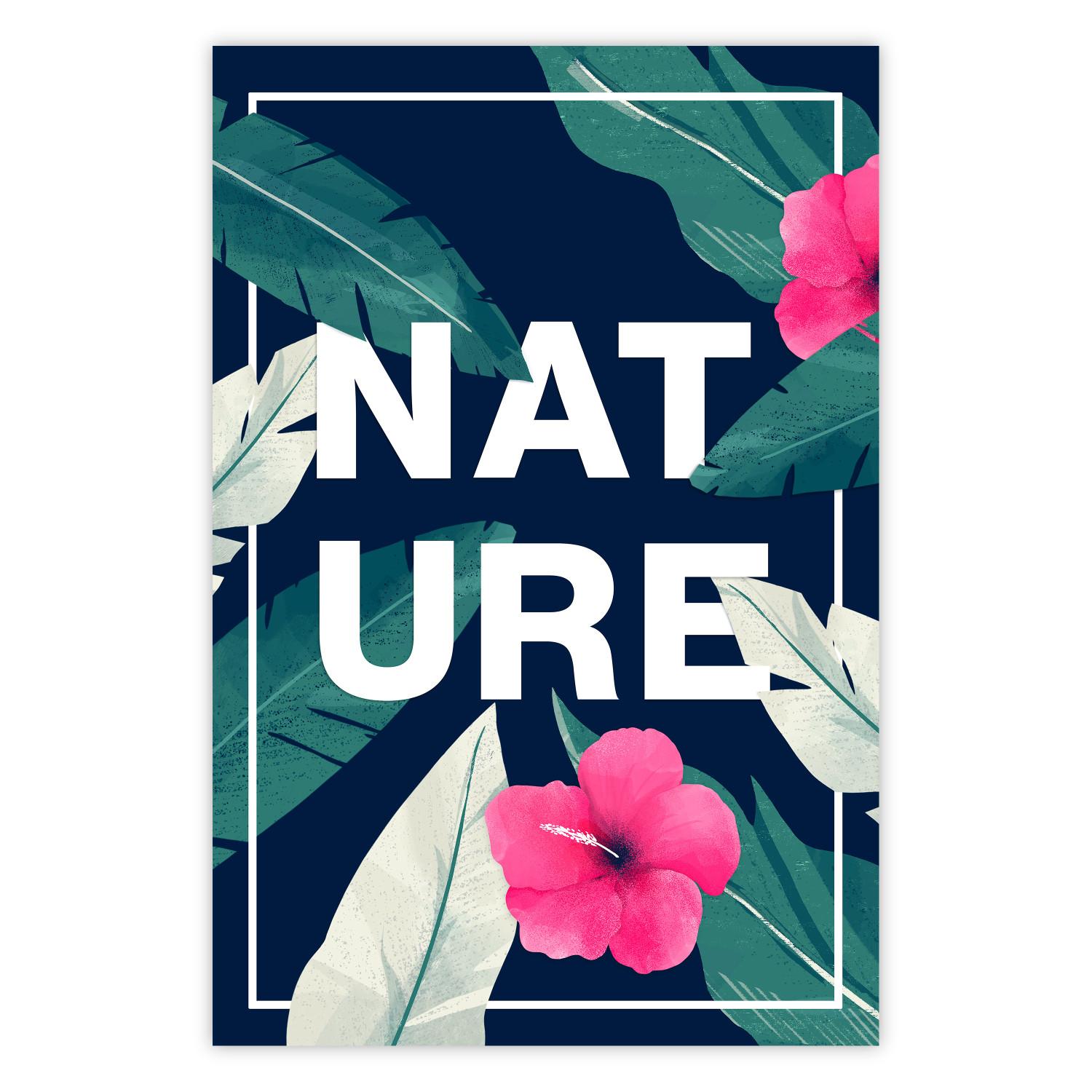 Cartel Naturaleza - texto en inglés entre hojas sobre fondo azul oscuro