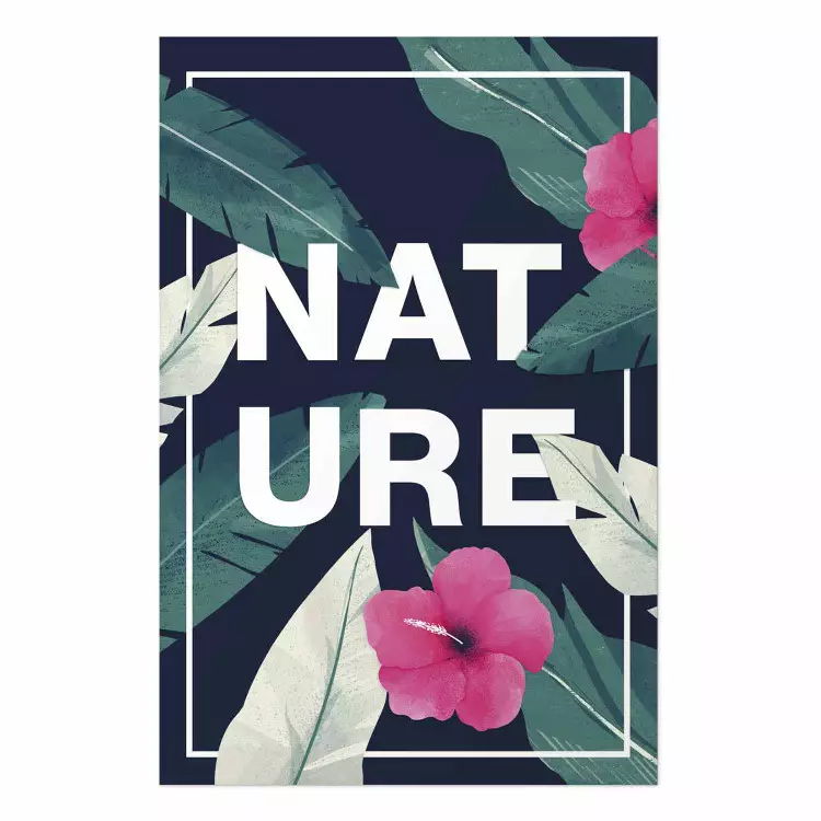 Cartel Naturaleza - texto en inglés entre hojas sobre fondo azul oscuro