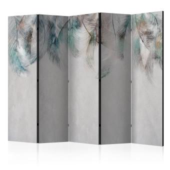 Biombo barato Plumas coloreadas II (5 piezas) - composición única con fondo gris